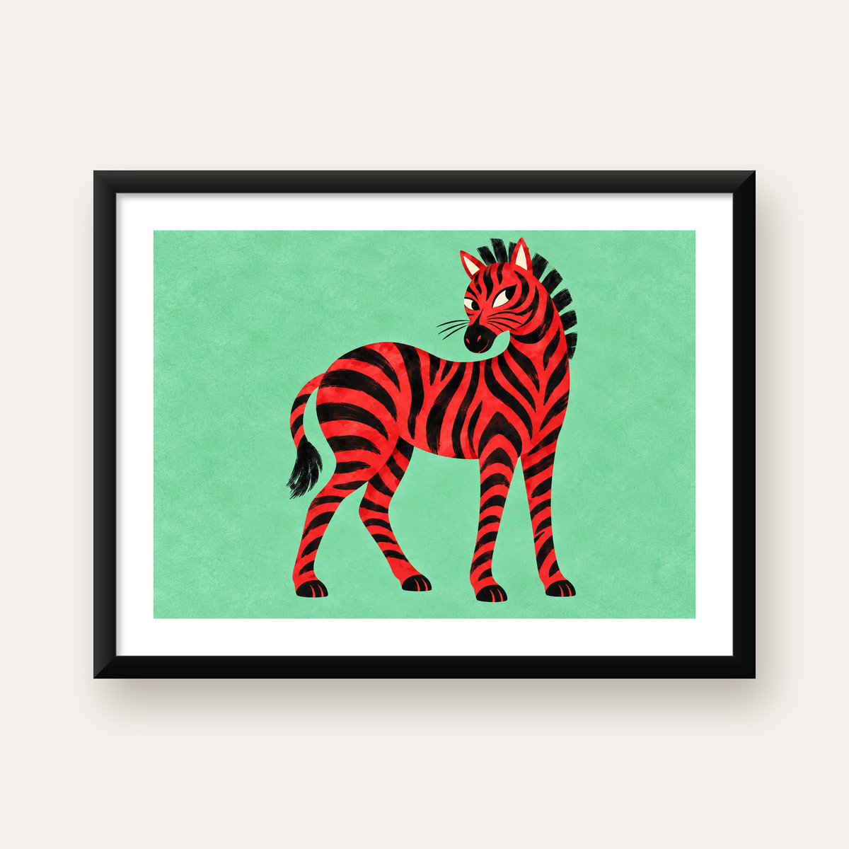 Kırmızı Siyah Çizgili Zebra Dijital Poster – Modern Hayvan İllüstrasyonu — Yatay baskı, beyaz paspartulu