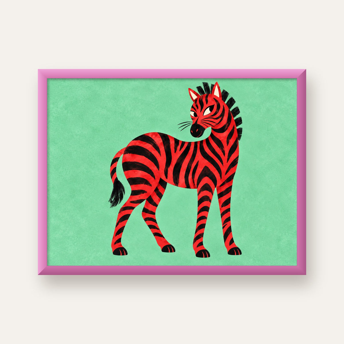 Kırmızı Siyah Çizgili Zebra Dijital Poster – Modern Hayvan İllüstrasyonu — pembe çerçeveli