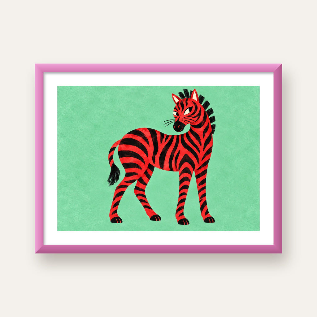 Kırmızı Siyah Çizgili Zebra Dijital Poster – Modern Hayvan İllüstrasyonu — pembe çerçeveli paspartulu
