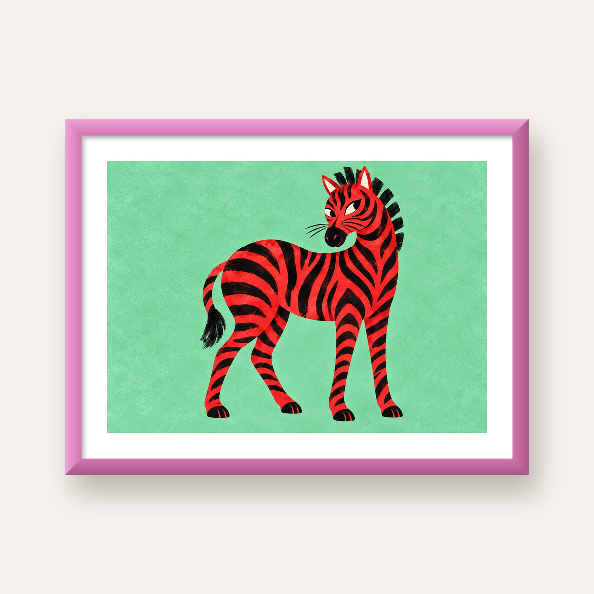 Kırmızı Siyah Çizgili Zebra Dijital Poster – Modern Hayvan İllüstrasyonu — pembe çerçeveli paspartulu