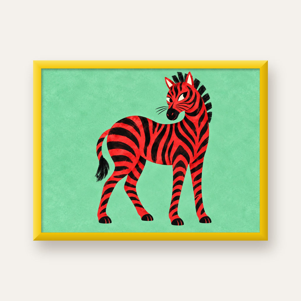 Kırmızı Siyah Çizgili Zebra Dijital Poster – Modern Hayvan İllüstrasyonu — sarı çerçeveli
