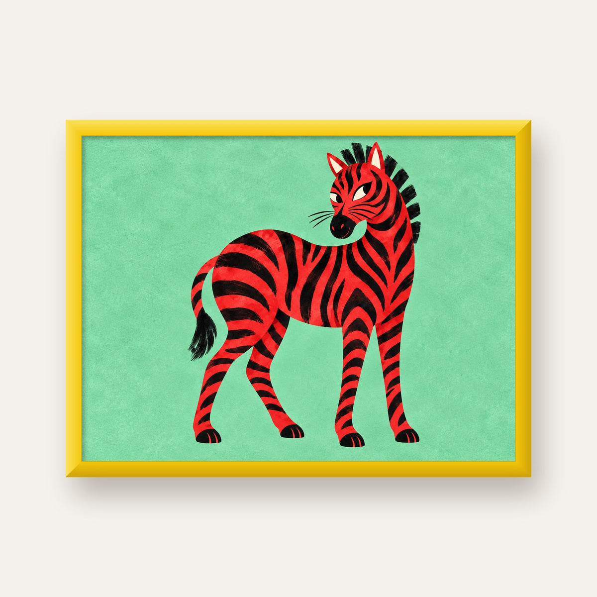 Kırmızı Siyah Çizgili Zebra Dijital Poster – Modern Hayvan İllüstrasyonu — sarı çerçeveli
