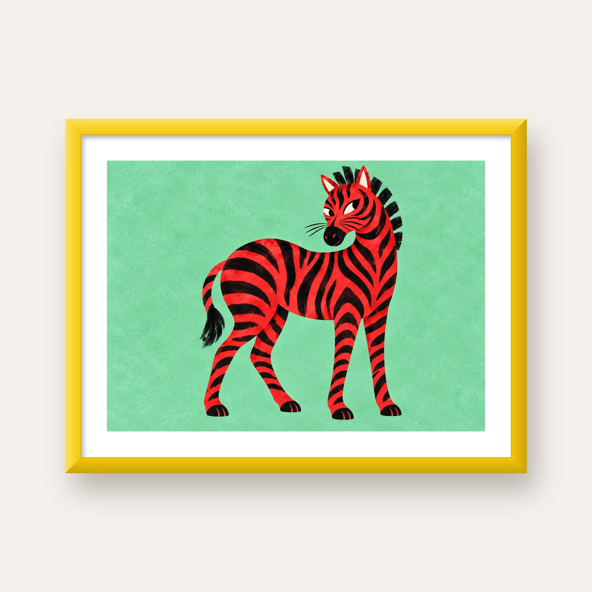 Kırmızı Siyah Çizgili Zebra Dijital Poster – Modern Hayvan İllüstrasyonu — sarı çerçeveli paspartulu