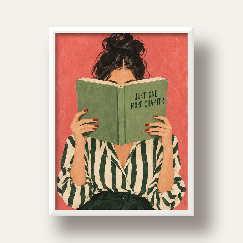 Kitap Okuyan Kadın İllüstrasyonlu Poster – Just One More Chapter — beyaz derin çerçeveli