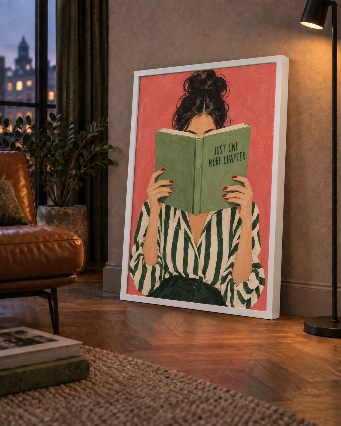 Kitap Okuyan Kadın İllüstrasyonlu Poster – Just One More Chapter — çerçeveli hâliyle bir ev duvarında