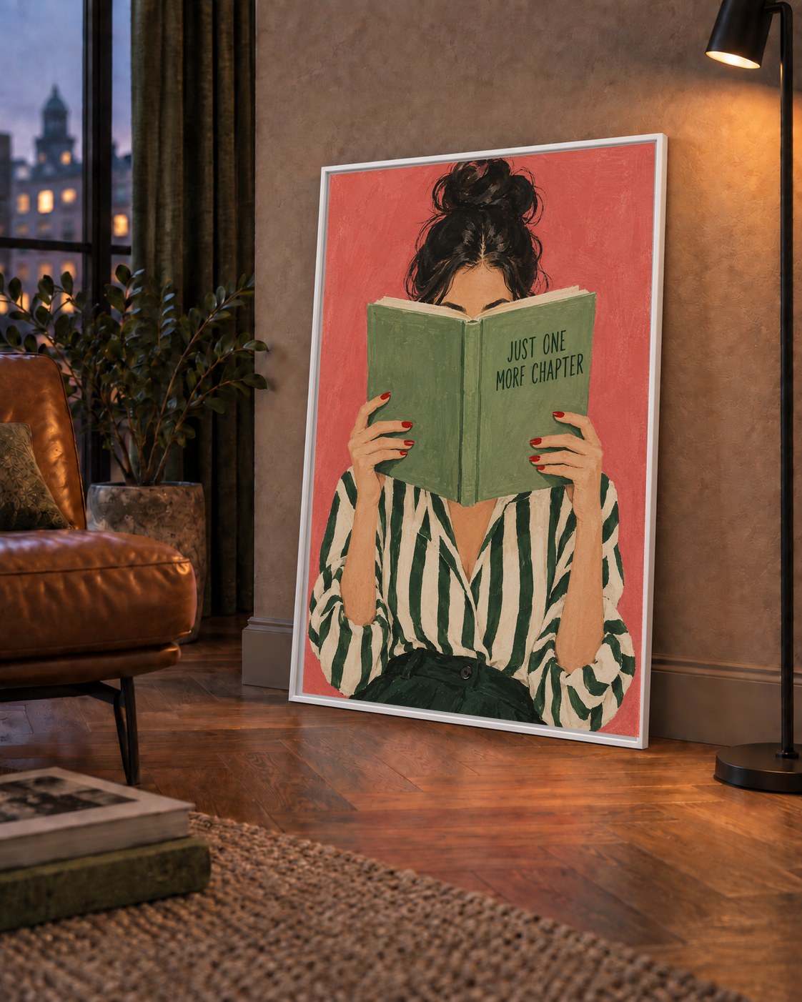 Kitap Okuyan Kadın İllüstrasyonlu Poster – Just One More Chapter — çerçeveli hâliyle bir ev duvarında