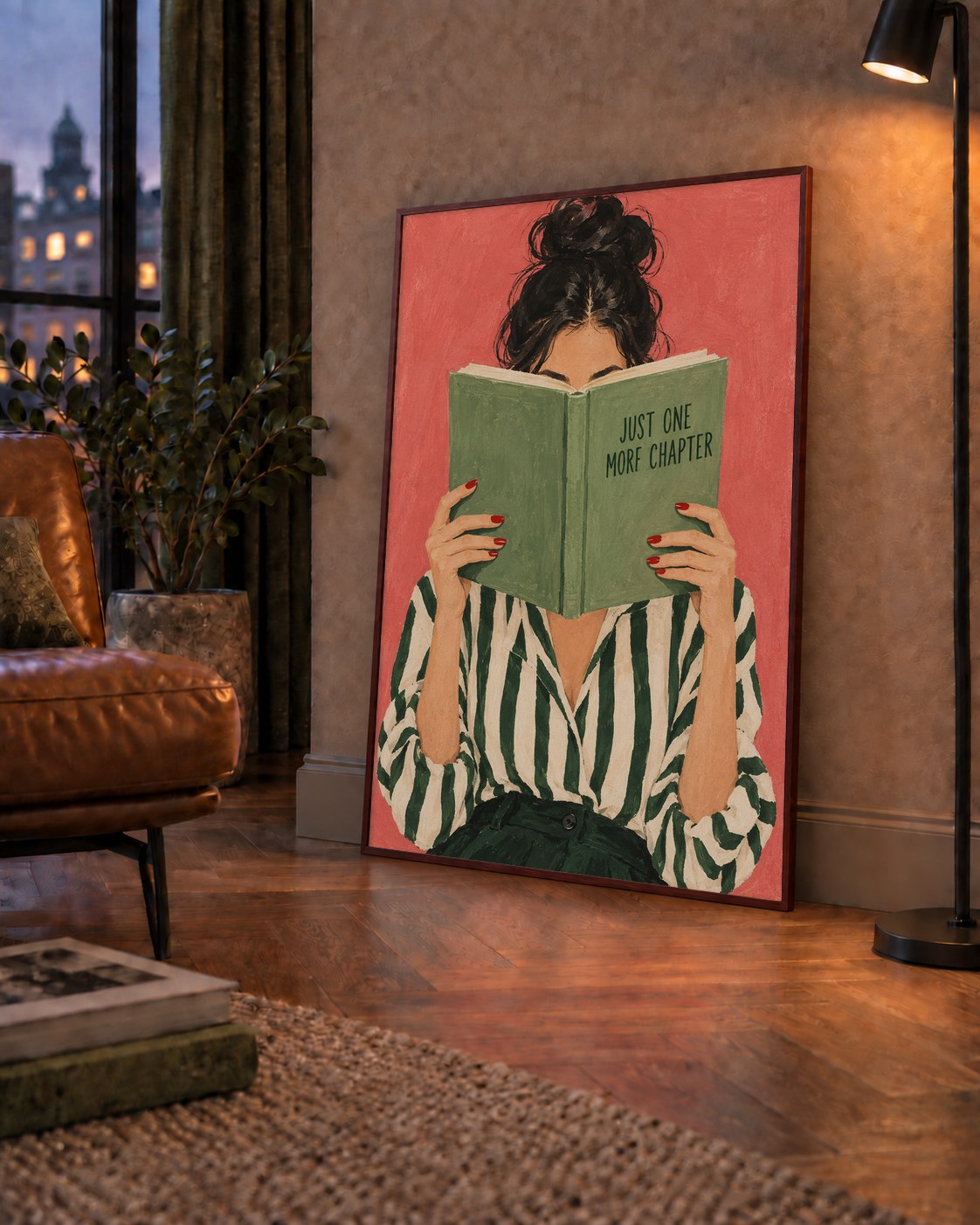 Kitap Okuyan Kadın İllüstrasyonlu Poster – Just One More Chapter — çerçeveli hâliyle bir ev duvarında