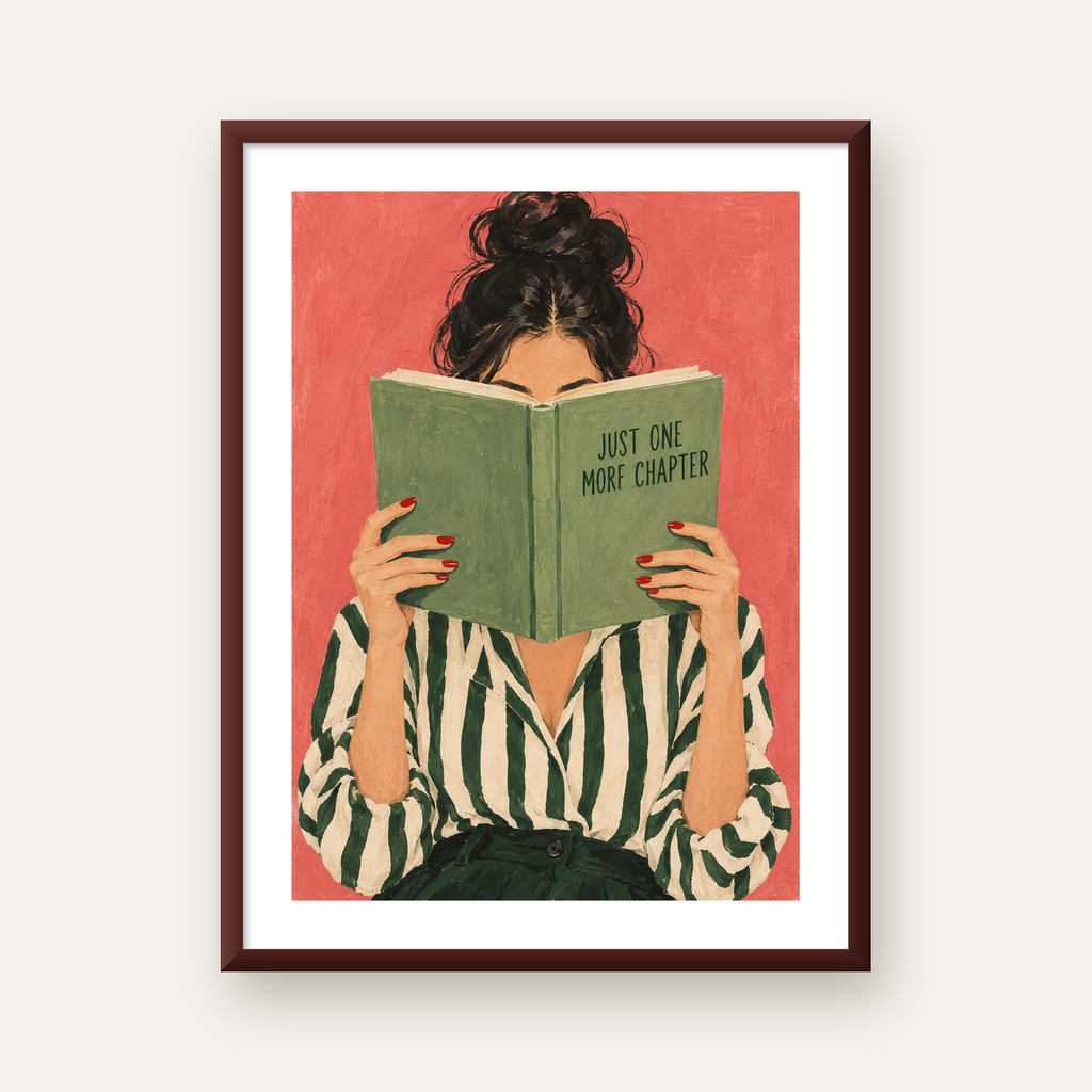 Kitap Okuyan Kadın İllüstrasyonlu Poster – Just One More Chapter — ceviz çerçeveli paspartulu