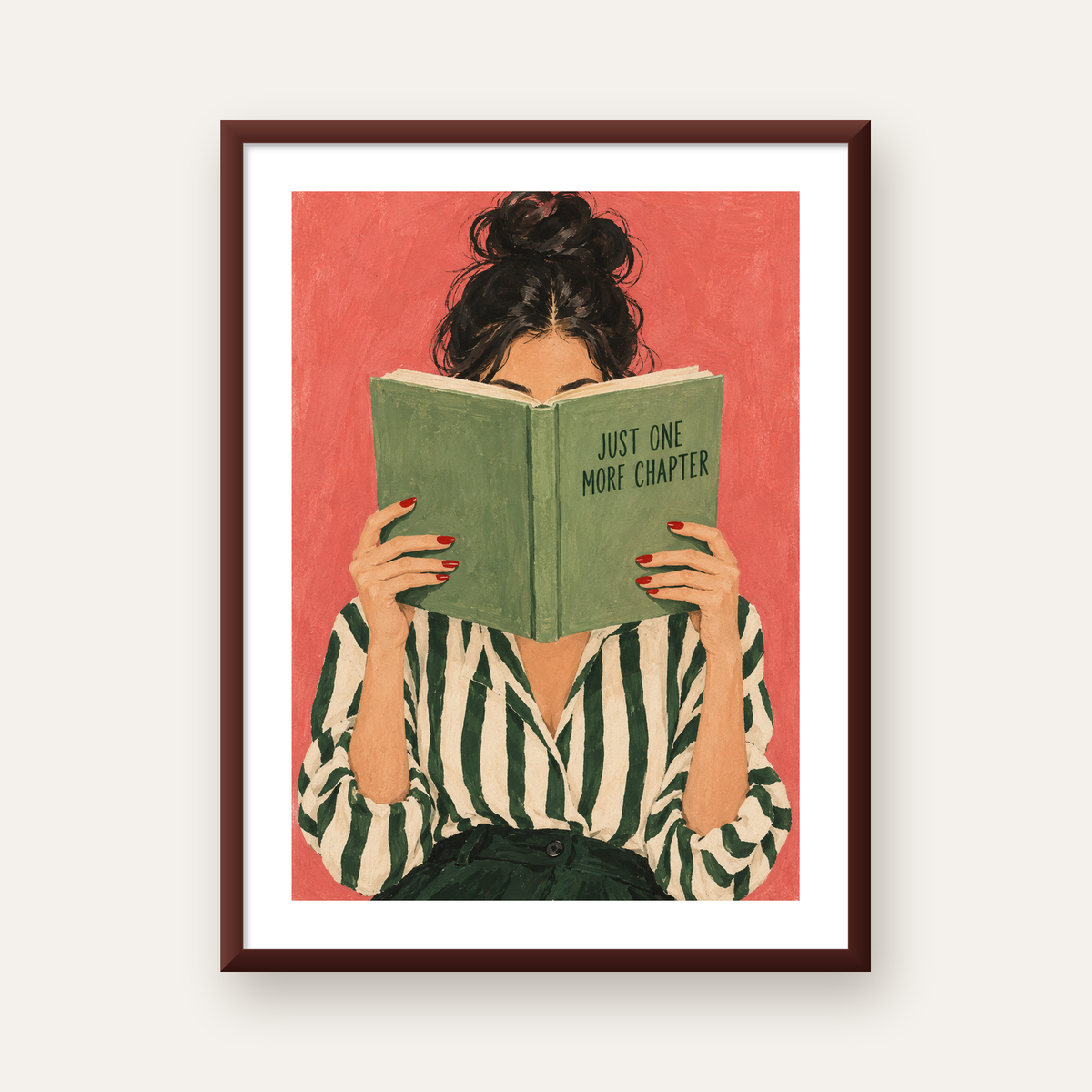 Kitap Okuyan Kadın İllüstrasyonlu Poster – Just One More Chapter — ceviz çerçeveli paspartulu