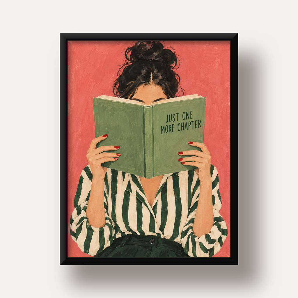 Kitap Okuyan Kadın İllüstrasyonlu Poster – Just One More Chapter — siyah derin çerçeveli