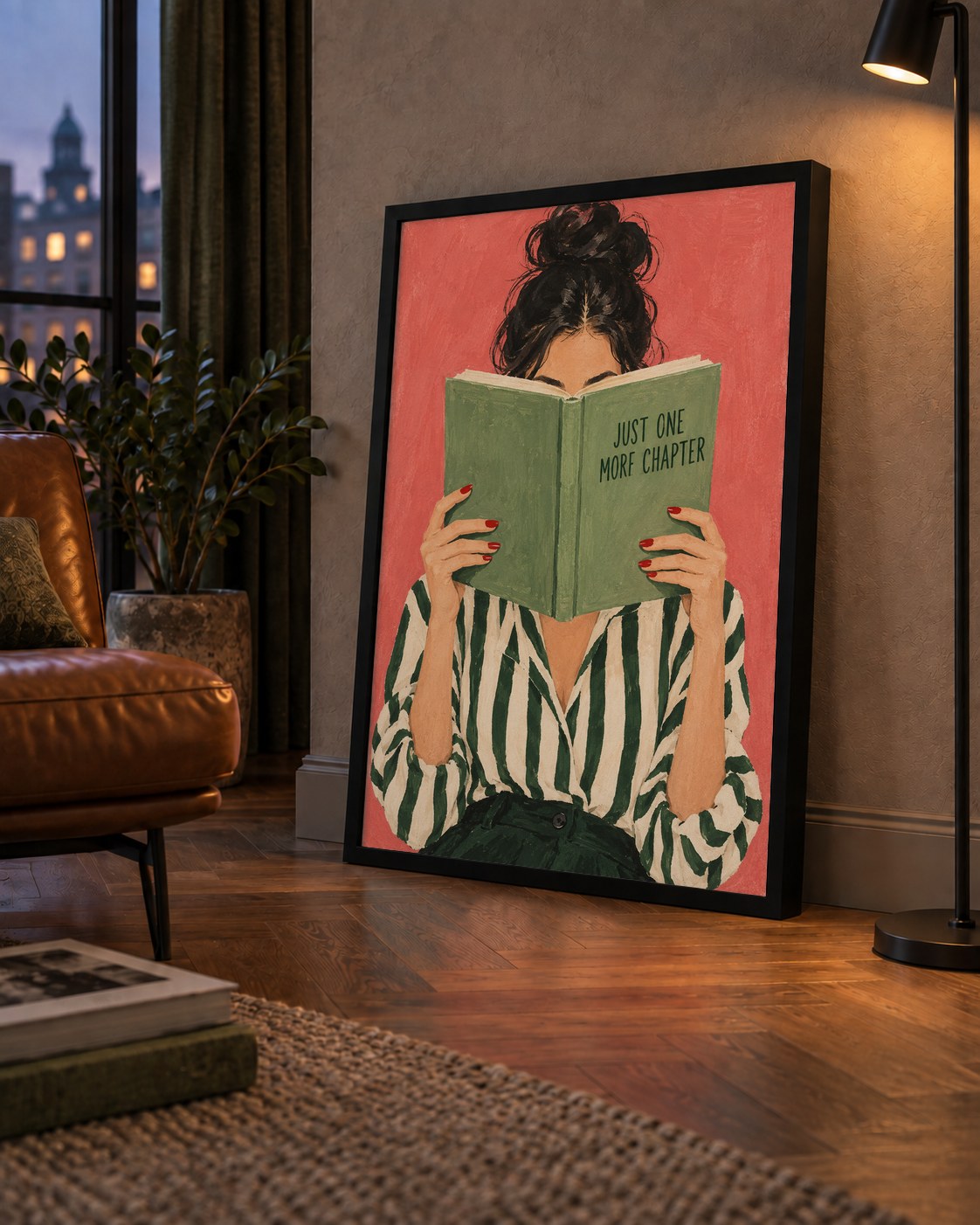 Kitap Okuyan Kadın İllüstrasyonlu Poster – Just One More Chapter — çerçeveli hâliyle bir ev duvarında
