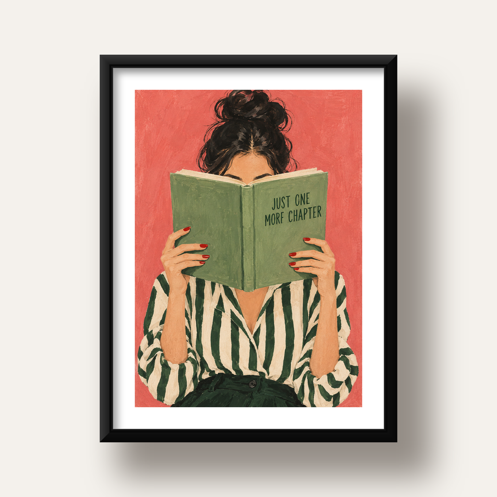 Kitap Okuyan Kadın İllüstrasyonlu Poster – Just One More Chapter — siyah derin çerçeveli paspartulu