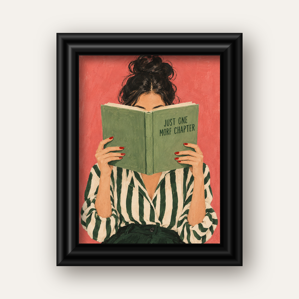 Kitap Okuyan Kadın İllüstrasyonlu Poster – Just One More Chapter — siyah galeri çerçeveli