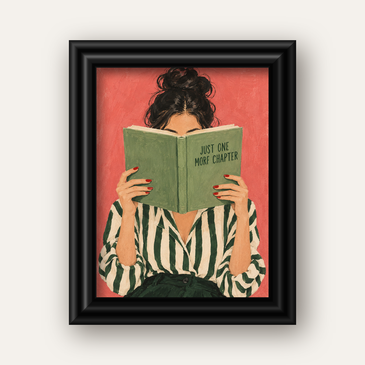 Kitap Okuyan Kadın İllüstrasyonlu Poster – Just One More Chapter — siyah galeri çerçeveli