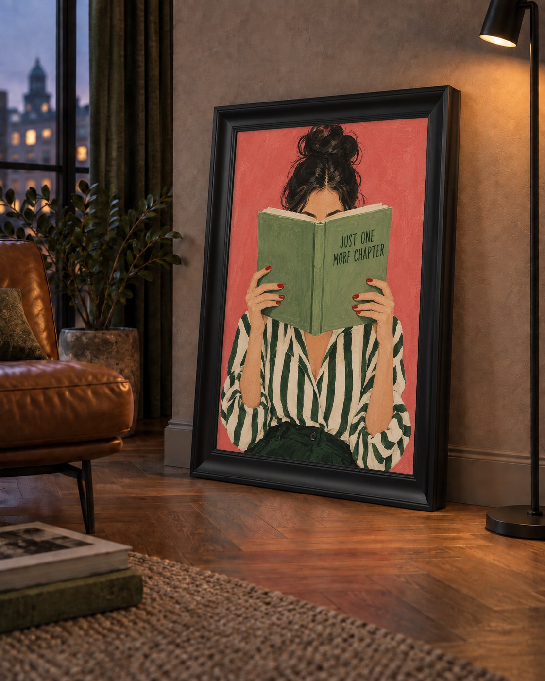 Kitap Okuyan Kadın İllüstrasyonlu Poster – Just One More Chapter — çerçeveli hâliyle bir ev duvarında