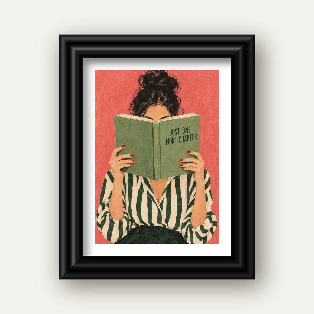 Kitap Okuyan Kadın İllüstrasyonlu Poster – Just One More Chapter — siyah galeri çerçeveli paspartulu