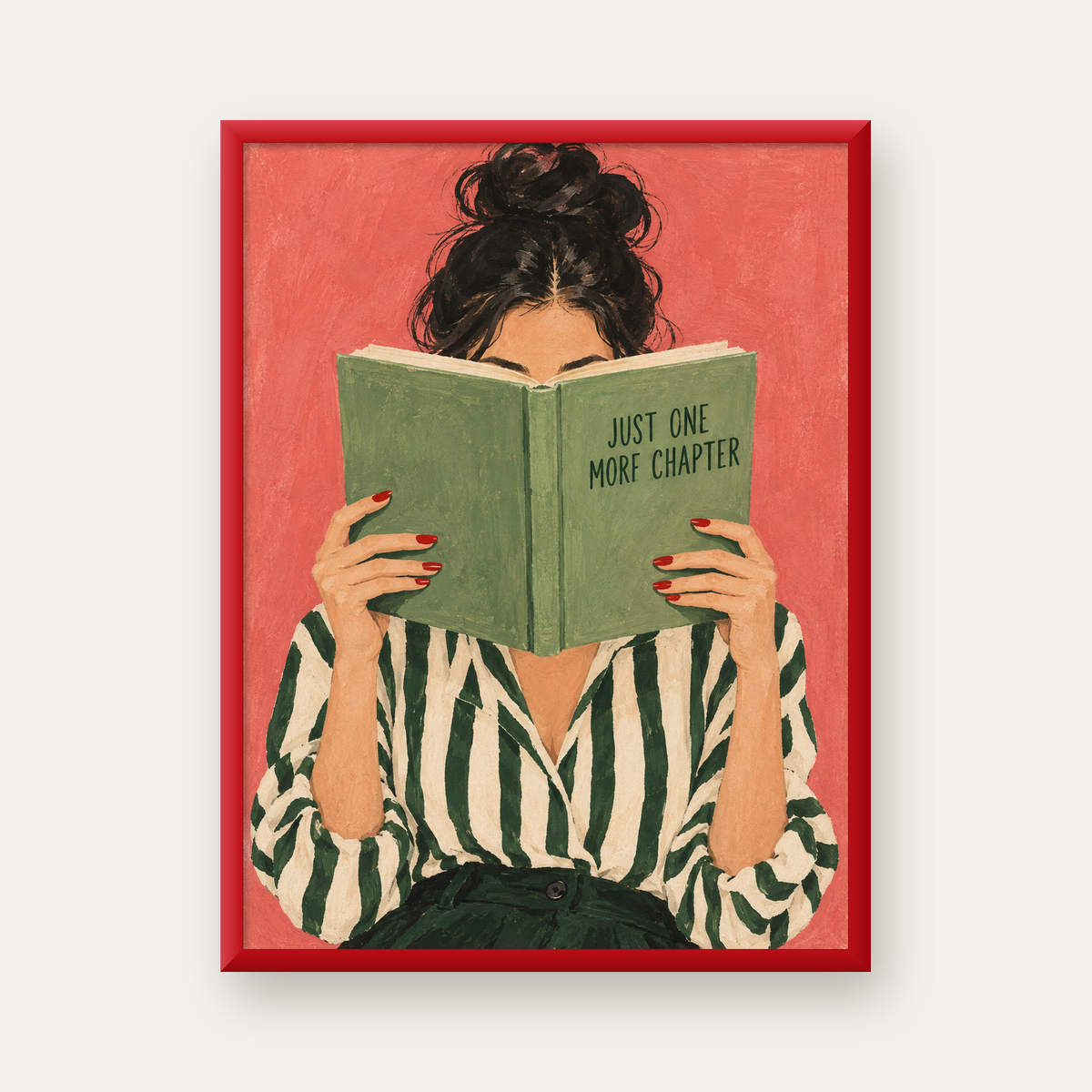 Kitap Okuyan Kadın İllüstrasyonlu Poster – Just One More Chapter — kırmızı çerçeveli