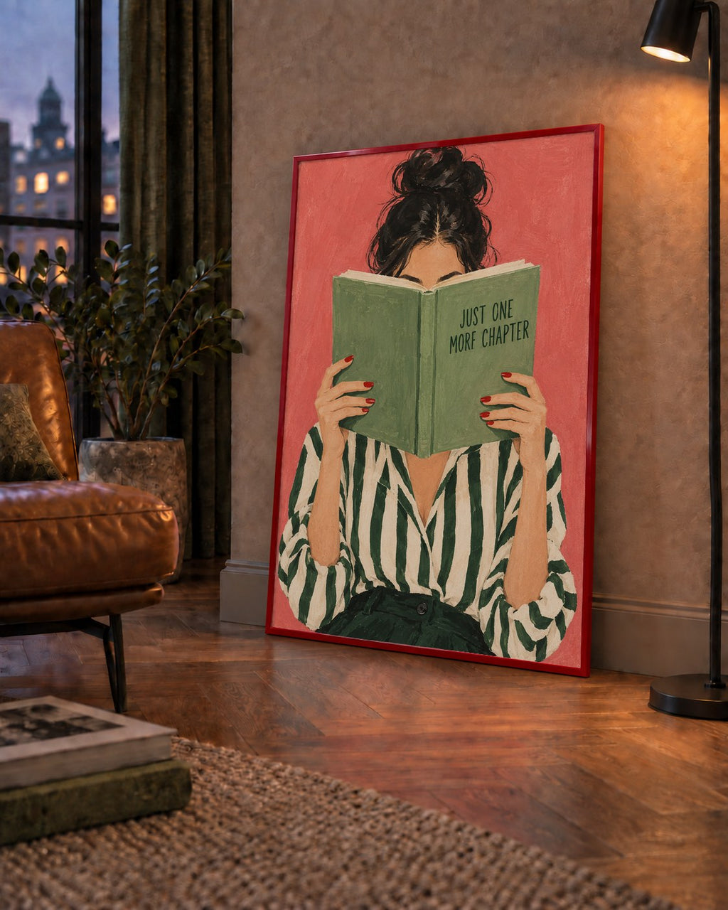 Kitap Okuyan Kadın İllüstrasyonlu Poster – Just One More Chapter — çerçeveli hâliyle bir ev duvarında