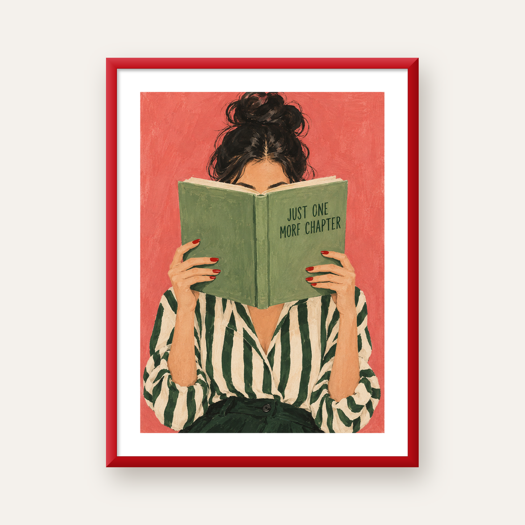 Kitap Okuyan Kadın İllüstrasyonlu Poster – Just One More Chapter — kırmızı çerçeveli paspartulu