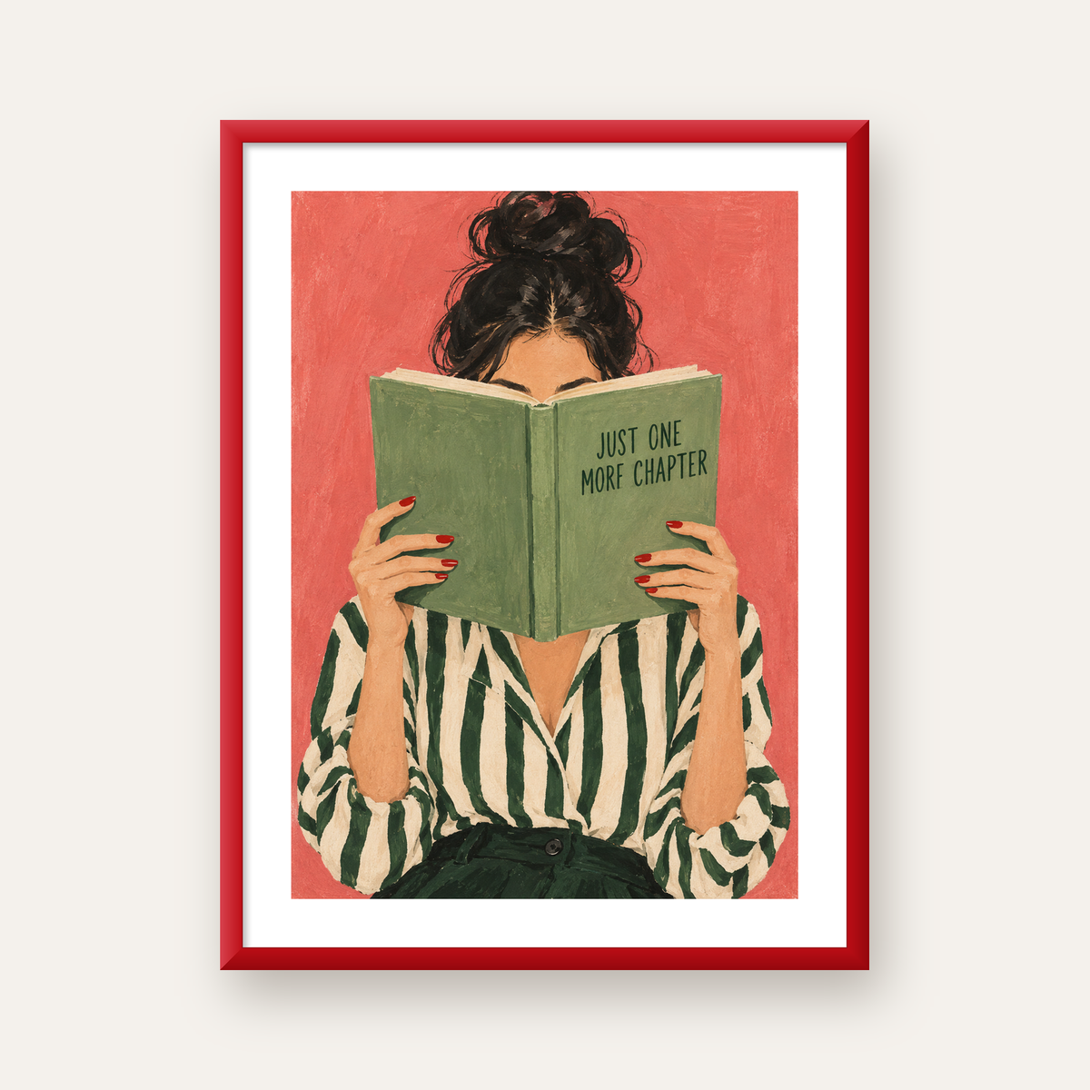 Kitap Okuyan Kadın İllüstrasyonlu Poster – Just One More Chapter — kırmızı çerçeveli paspartulu