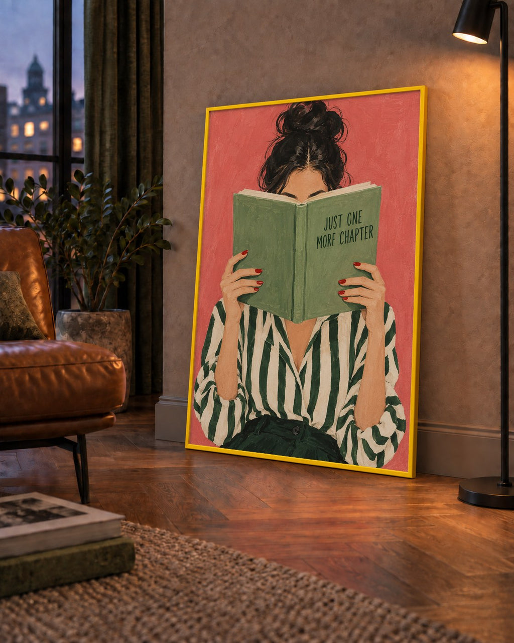 Kitap Okuyan Kadın İllüstrasyonlu Poster – Just One More Chapter — çerçeveli hâliyle bir ev duvarında