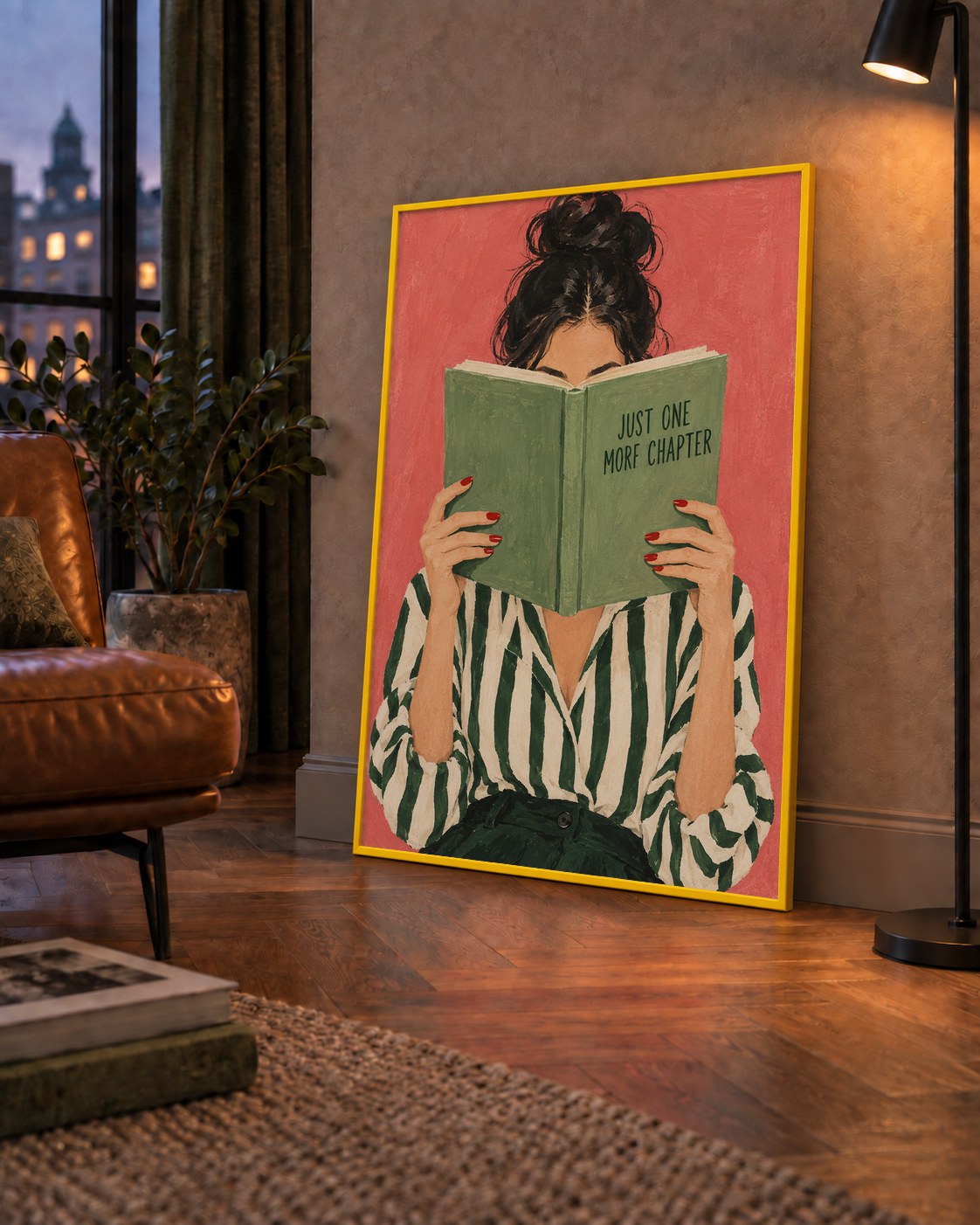 Kitap Okuyan Kadın İllüstrasyonlu Poster – Just One More Chapter — çerçeveli hâliyle bir ev duvarında