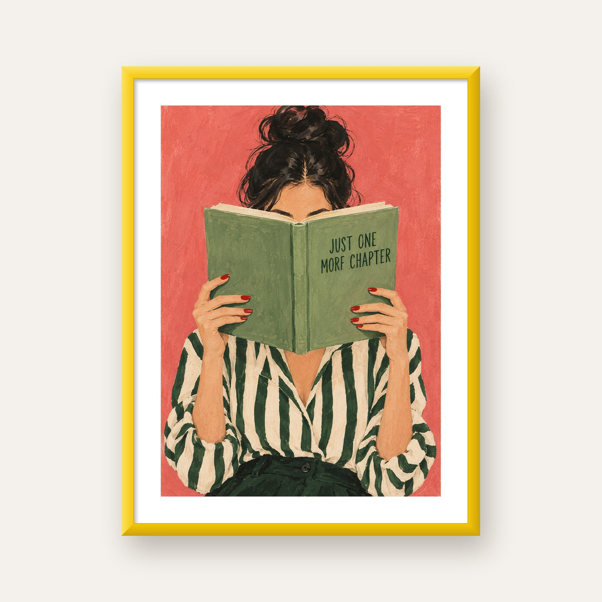 Kitap Okuyan Kadın İllüstrasyonlu Poster – Just One More Chapter — sarı çerçeveli paspartulu