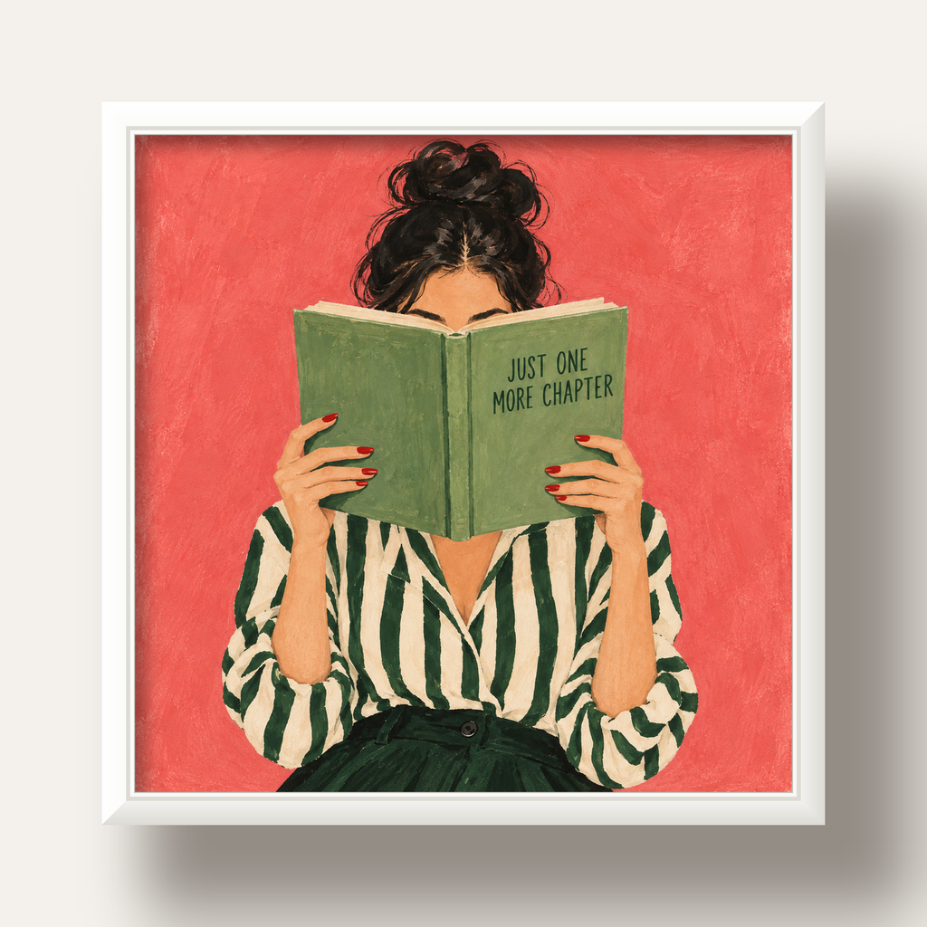 Kitap Okuyan Kadın İllüstrasyonlu Poster – Just One More Chapter — beyaz derin çerçeveli
