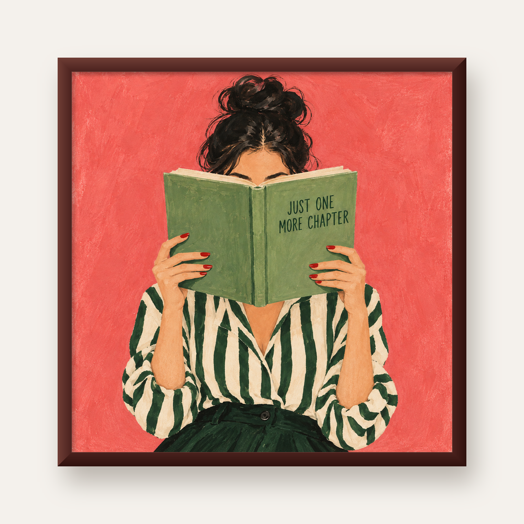 Kitap Okuyan Kadın İllüstrasyonlu Poster – Just One More Chapter — ceviz çerçeveli