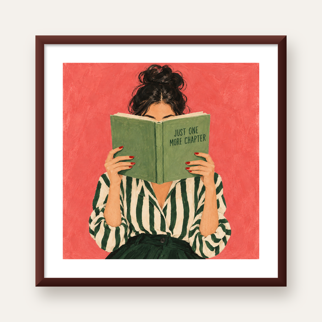 Kitap Okuyan Kadın İllüstrasyonlu Poster – Just One More Chapter — ceviz çerçeveli paspartulu