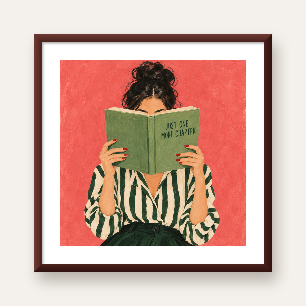 Kitap Okuyan Kadın İllüstrasyonlu Poster – Just One More Chapter — ceviz çerçeveli paspartulu
