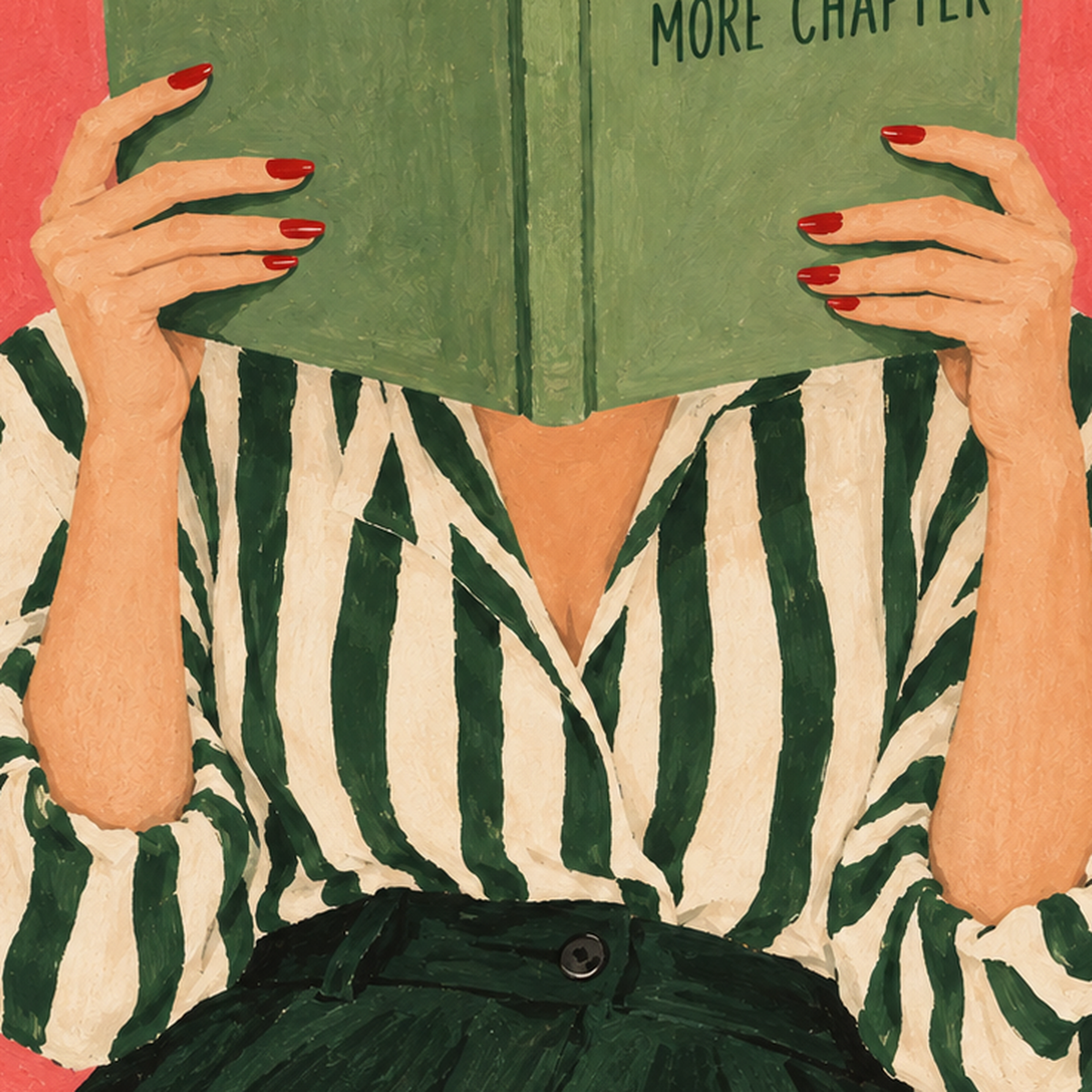 Kitap Okuyan Kadın İllüstrasyonlu Poster – Just One More Chapter — baskının yakın çekimi, kâğıt dokusu ve renk detayı