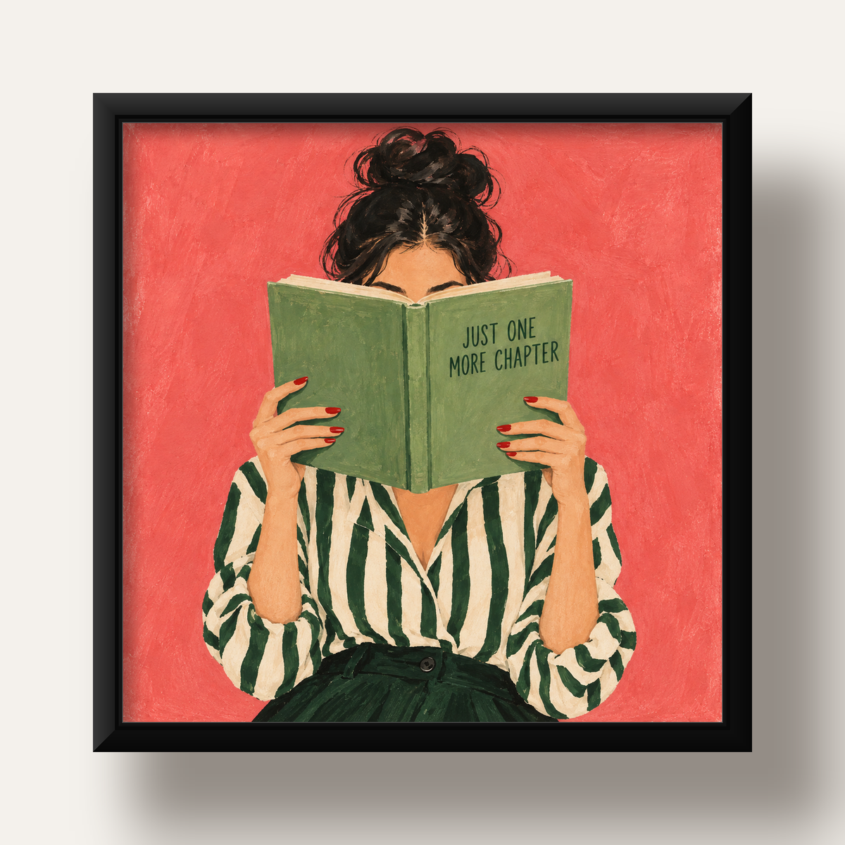 Kitap Okuyan Kadın İllüstrasyonlu Poster – Just One More Chapter — siyah derin çerçeveli