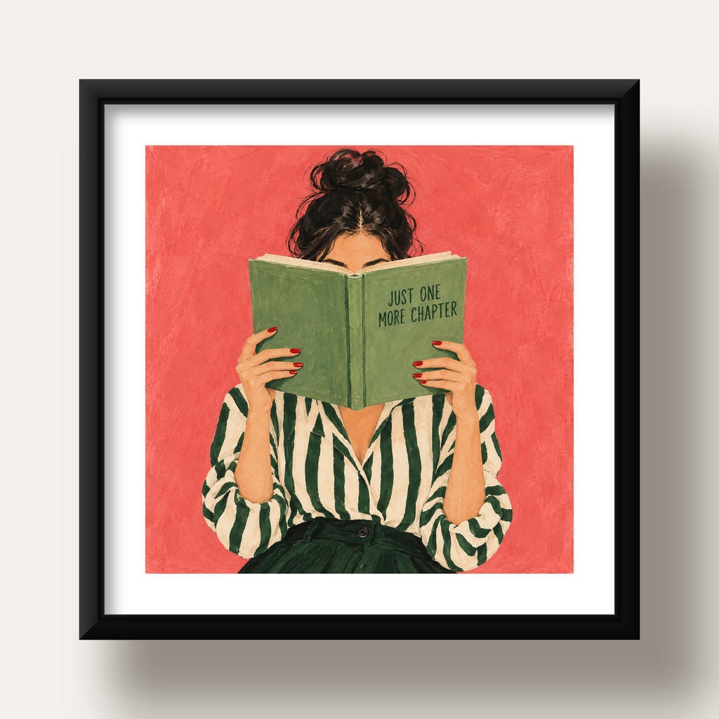 Kitap Okuyan Kadın İllüstrasyonlu Poster – Just One More Chapter — siyah derin çerçeveli paspartulu