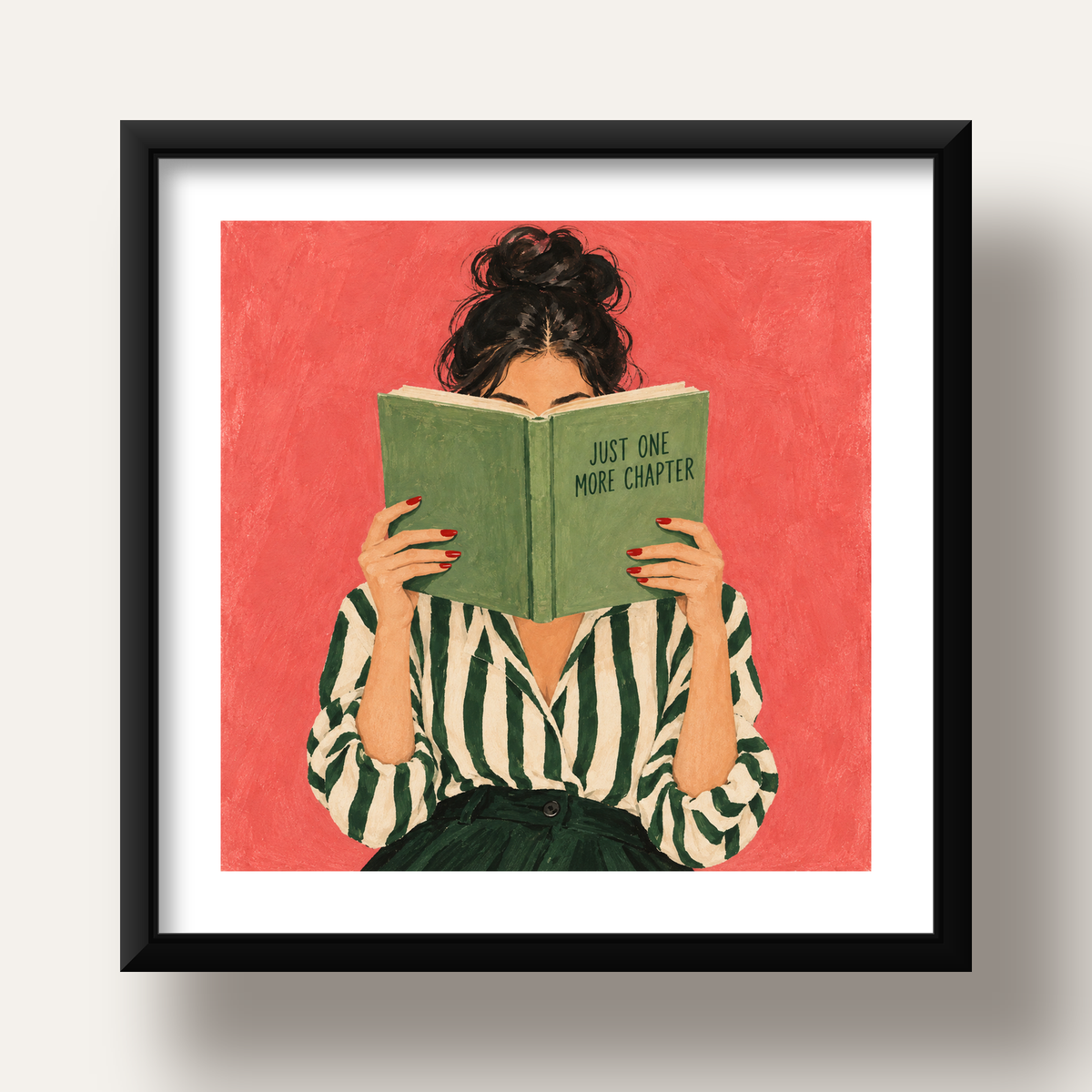 Kitap Okuyan Kadın İllüstrasyonlu Poster – Just One More Chapter — siyah derin çerçeveli paspartulu