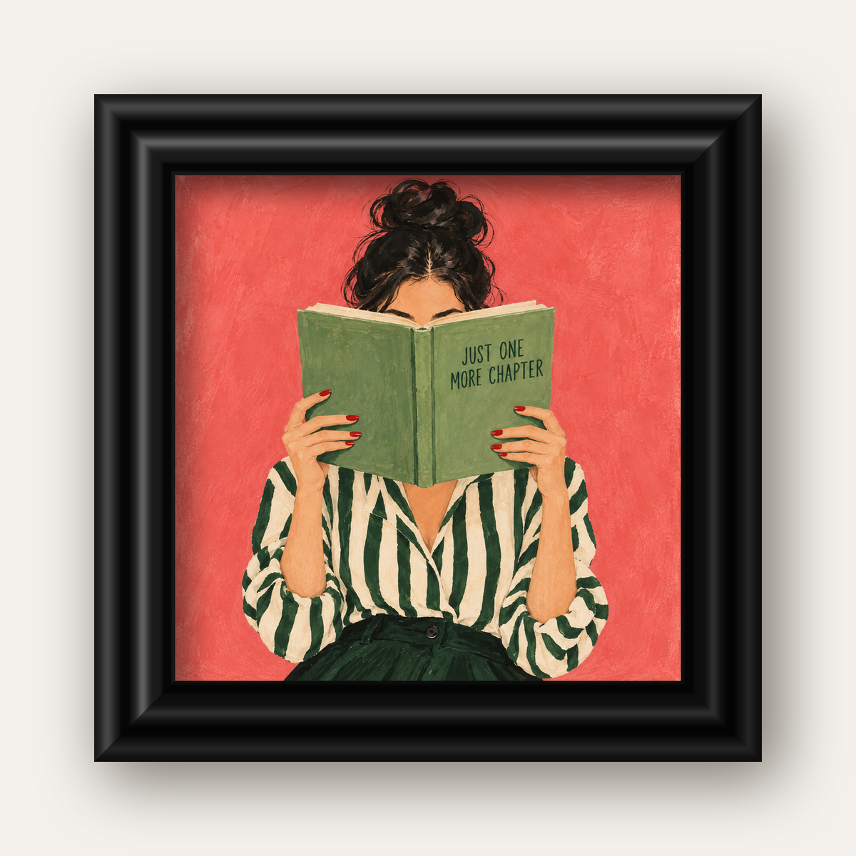Kitap Okuyan Kadın İllüstrasyonlu Poster – Just One More Chapter — siyah galeri çerçeveli