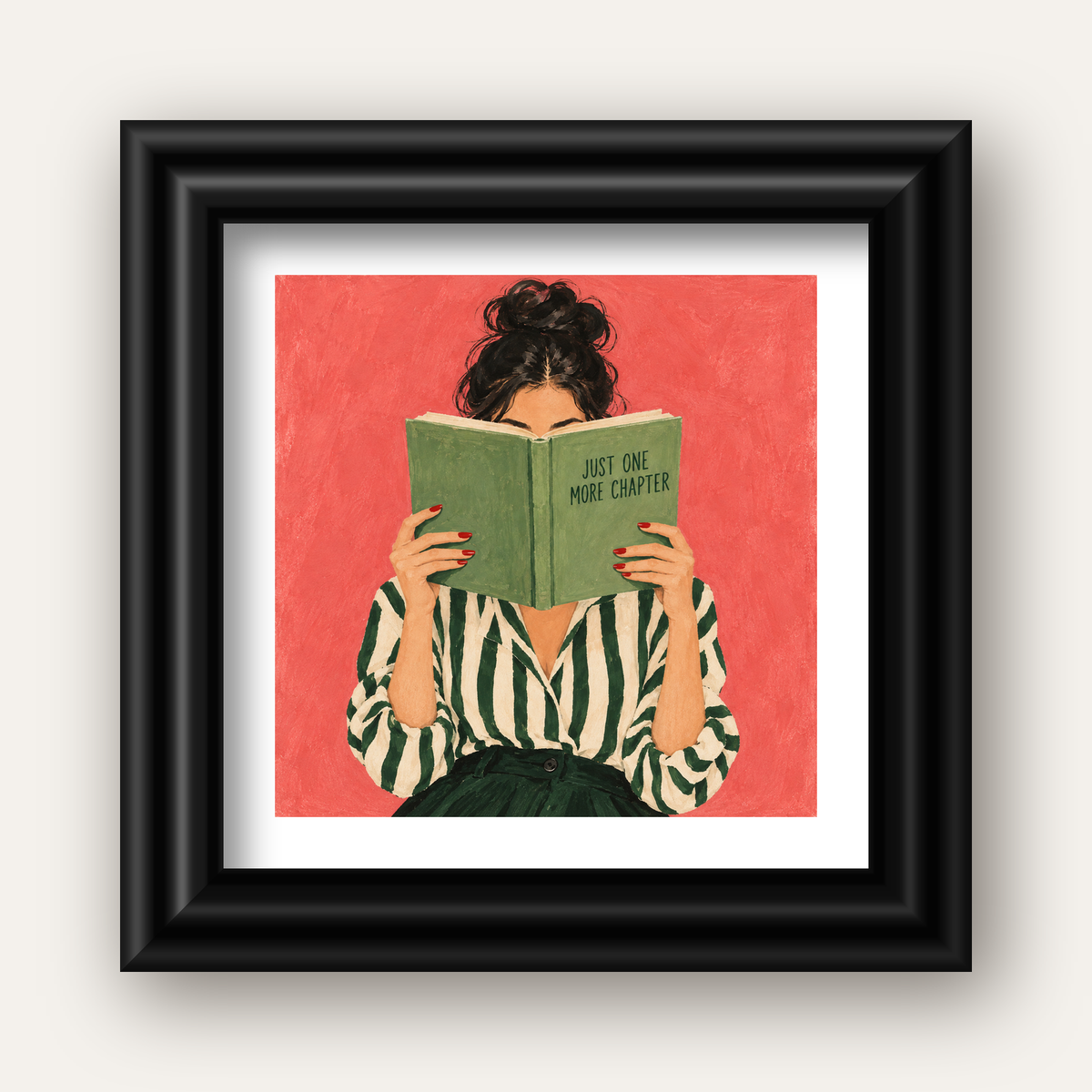 Kitap Okuyan Kadın İllüstrasyonlu Poster – Just One More Chapter — siyah galeri çerçeveli paspartulu