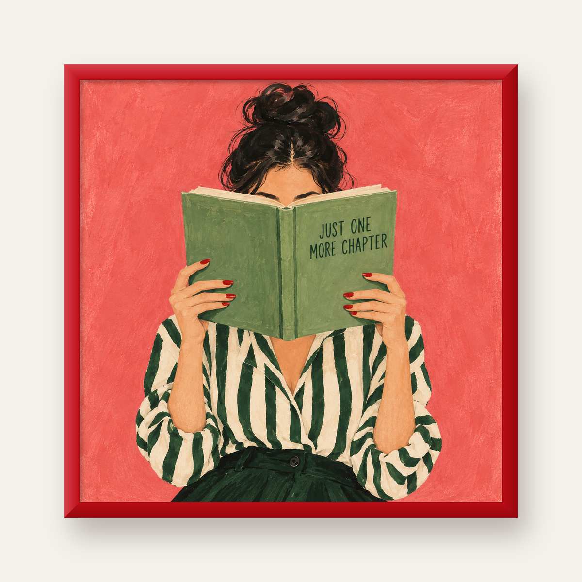Kitap Okuyan Kadın İllüstrasyonlu Poster – Just One More Chapter — kırmızı çerçeveli