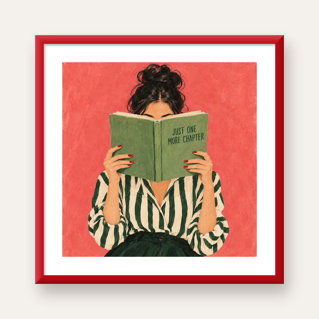 Kitap Okuyan Kadın İllüstrasyonlu Poster – Just One More Chapter — kırmızı çerçeveli paspartulu