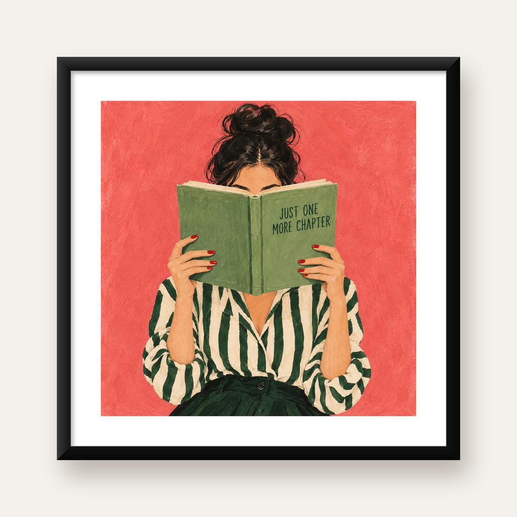 Kitap Okuyan Kadın İllüstrasyonlu Poster – Just One More Chapter — Kare baskı, beyaz paspartulu