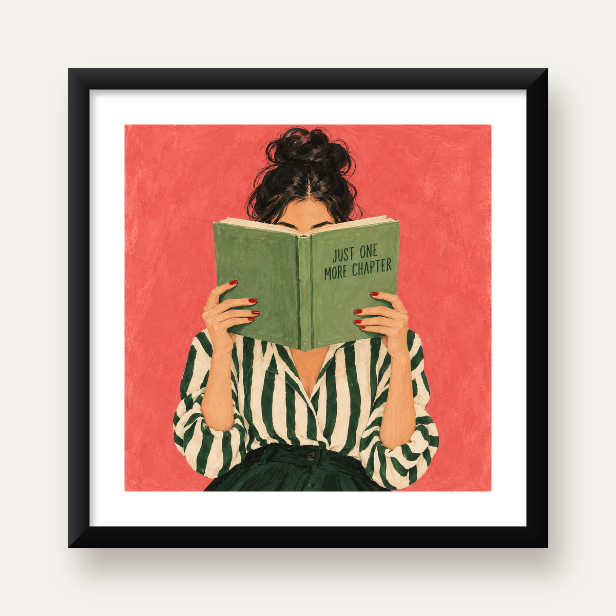 Kitap Okuyan Kadın İllüstrasyonlu Poster – Just One More Chapter — Kare baskı, beyaz paspartulu