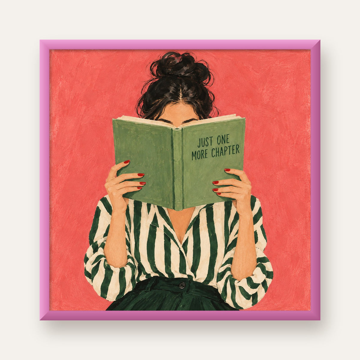Kitap Okuyan Kadın İllüstrasyonlu Poster – Just One More Chapter — pembe çerçeveli
