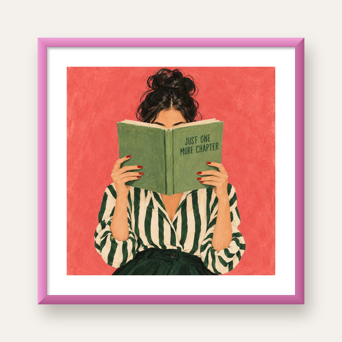 Kitap Okuyan Kadın İllüstrasyonlu Poster – Just One More Chapter — pembe çerçeveli paspartulu