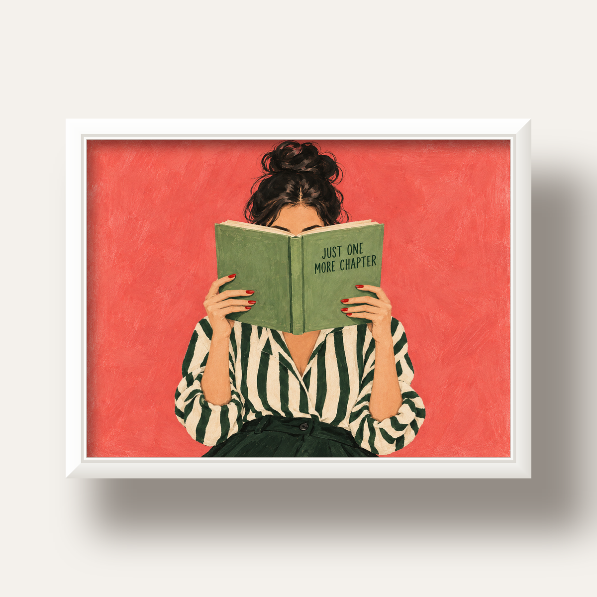 Kitap Okuyan Kadın İllüstrasyonlu Poster – Just One More Chapter — beyaz derin çerçeveli