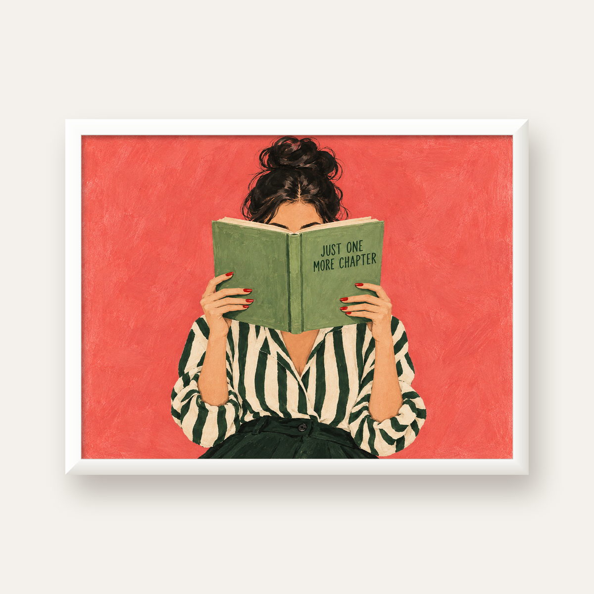 Kitap Okuyan Kadın İllüstrasyonlu Poster – Just One More Chapter — beyaz çerçeveli yatay poster