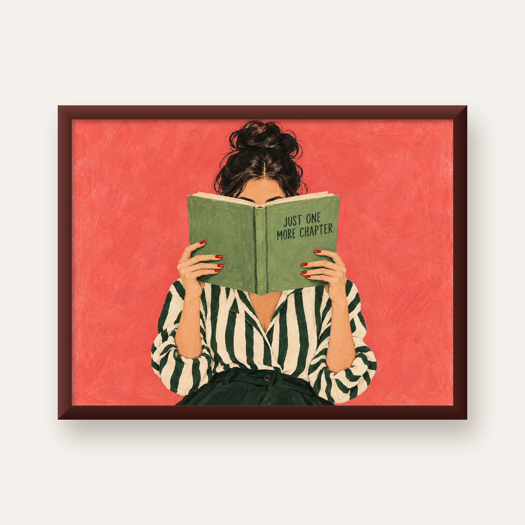 Kitap Okuyan Kadın İllüstrasyonlu Poster – Just One More Chapter — ceviz çerçeveli