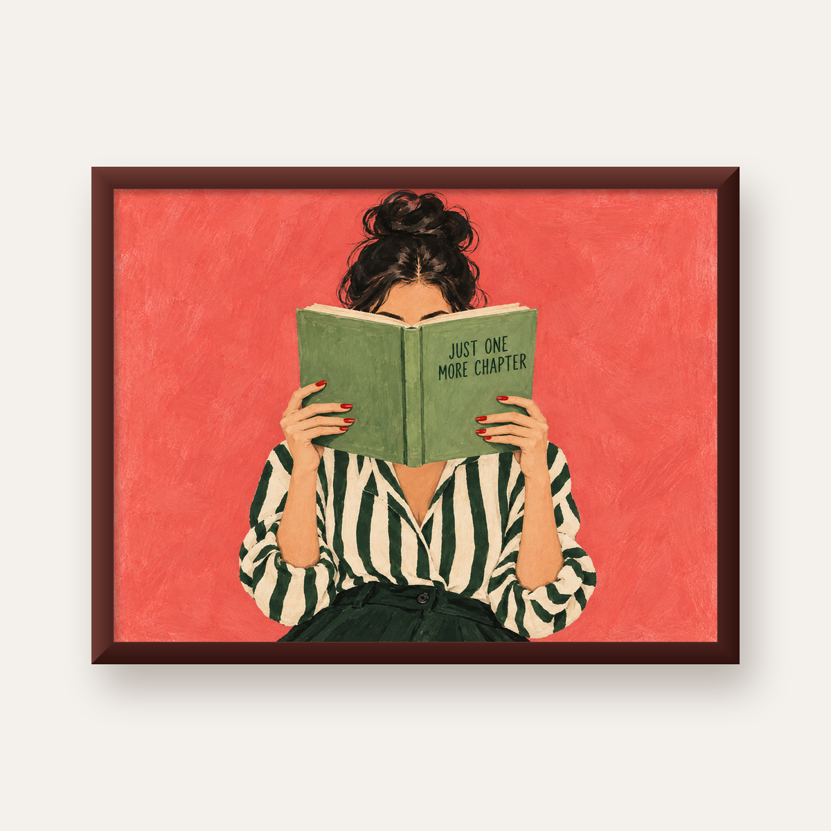 Kitap Okuyan Kadın İllüstrasyonlu Poster – Just One More Chapter — ceviz çerçeveli