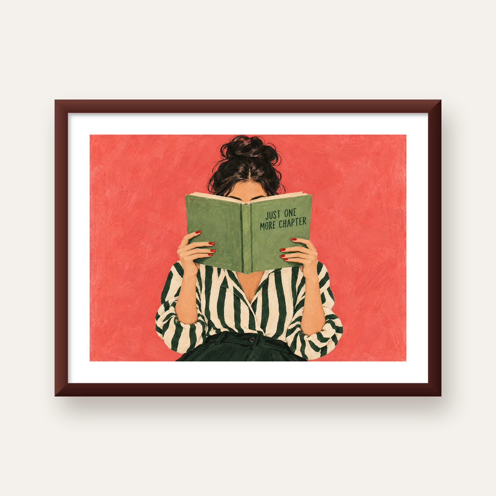 Kitap Okuyan Kadın İllüstrasyonlu Poster – Just One More Chapter — ceviz çerçeveli paspartulu
