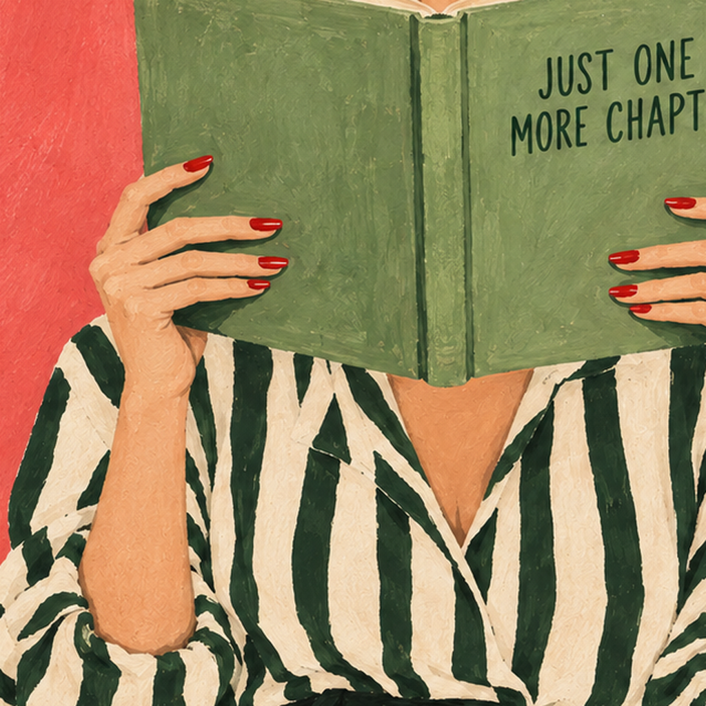 Kitap Okuyan Kadın İllüstrasyonlu Poster – Just One More Chapter — baskının yakın çekimi, kâğıt dokusu ve renk detayı