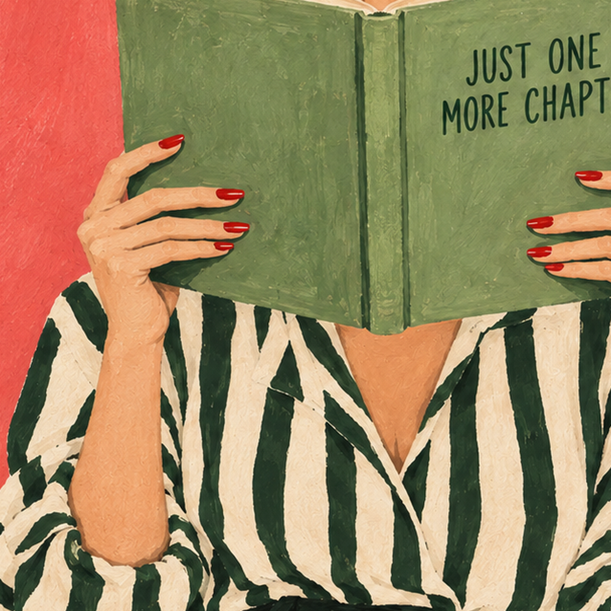 Kitap Okuyan Kadın İllüstrasyonlu Poster – Just One More Chapter — baskının yakın çekimi, kâğıt dokusu ve renk detayı